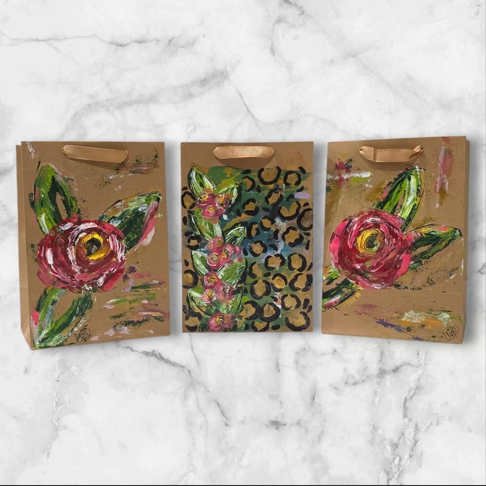 Set Of Three Gift Bags Hand Crafted Hand Painted Boho Paper Bags C31